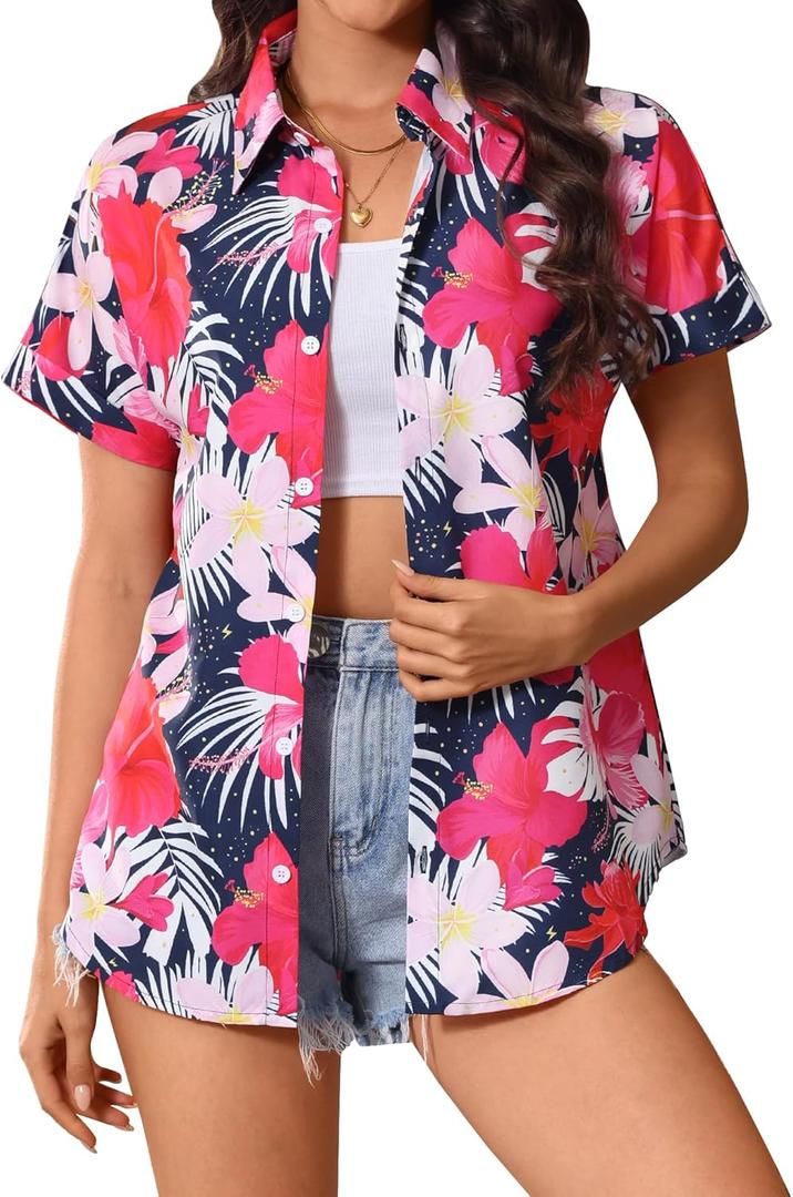 Women's Hawaiian Shirt Short Sleeve Tropical Button Down Summer Beach Aloha Luna Floral Hawaii Shirt Lightweight (3X-Large)