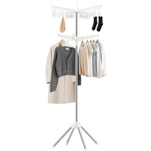 SUYU Clothes Drying Rack,Folding Clothes Drying Tree, 2 Layer with 24 Clips and 3 Rotatable Arms,66.9-Inch Indoor Clothes Rack,Stainless Steel,4 Legs,White and Silver SNJ102