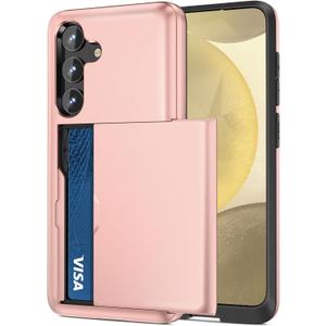 Jiunai for Samsung S25 S24 Case with Card Holder Wallet Pocket Credit Card License IDs Dual Layer Protective Rugged Shell TPU Edge Slide Wallet Phone Case for Samsung Galaxy S24 S25 6.2'' Rose Gold