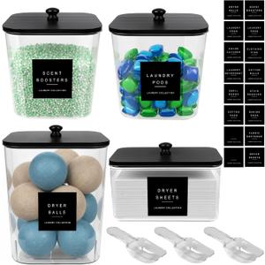 POLRAI 4 Pack Laundry Pod Containers and Dryer Sheet Holder with Bamboo Lids and Labels Laundry Room Organization Containers for Scent Booster Powder Detergent Pods Storage