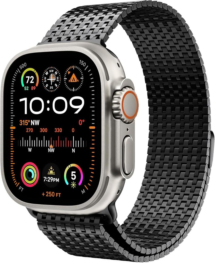 LULULOOK Milanese Mesh Loop Compatible with Apple Watch Band for Men Women, Stainless Steel Magnetic Buckle Strap for iWatch Ultra 2 Ultra Series 10 9 8 7 6 SE 5 4 3 (49/46(2024 Series10)/45/44/42mm, Black)