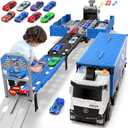 Carrier Truck Race Track Toddlers Toys, Foldable 3 Layer Track Playset, Toy Truck Transport Car Carrier & 8 Race Cars, Truck Car Kids Toys Xmas Gifts for Age 3 4 5 6+ Years Old Boys Girls (Blue)