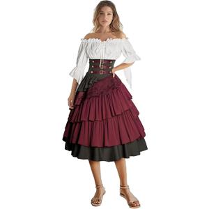 IWQBQ Women's Pirate Costume Retro Renaissance Cosutmes Women Layered Ruffle Viking Outfit Set(Z2886RDST, S)
