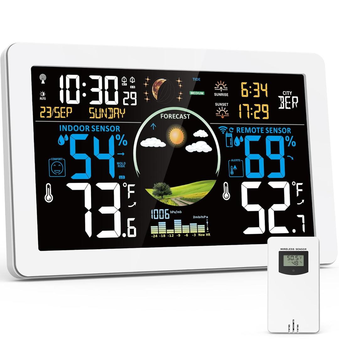 Weather Station Wireless Indoor Outdoor Thermometer, Display with Remote Sensor, Home Weather Station with Weather Forecast, Temperature, Humidity, White