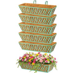 6 Pack 24 Inch Window Boxes Planters Railing Planter Box with Adjustable Brackets for Porch Fence Patio Balcony Hanging Flower Baskets with Coco Liners for Outdoor Garden Decor - Green