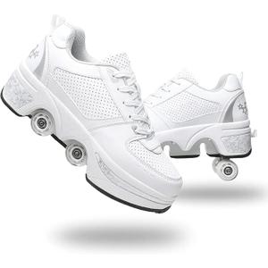Double-Row Deform Wheel Automatic Walking Shoes Invisible Deformation Roller Skate 2 in 1 Removable Pulley Skates Skating Parkour (5, White Silver)