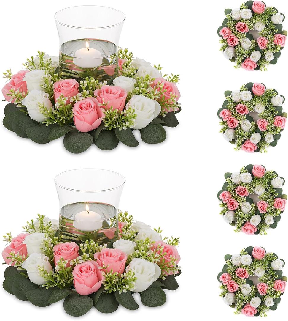 NUPTIO Artificial Flowers Candle Rings - 6 Pcs 14 inch Diam Large Pink & White Fake Roses Wreath Wedding Centerpieces for Tables Spring Summer Wreath for Front Door Weddings Party Ceremony Decor