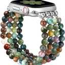 JR.DM Natural Stone Beaded Bracelet Bands for Women Compatible with Apple Watch 40mm 41mm 38mm 42mm(S10/11) Comfort Cool Elastic Strap Replacement for iWatch Series 11/10/9/8/SE/7/6/5/4/3/2/1 (Indian Agate)