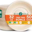 Ecosoul 100% Compostable 32 Oz Soup Bowls [500-Pack] Disposable dinner bowls I Heavy duty paper bowl I Eco-friendly salad bowl I Biodegradable large Bowls (Natural)