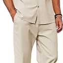 COOFANDY Men 2 Piece Linen Outfit Beach Button Down Shirt Casual Loose Pant Sets, Size: L