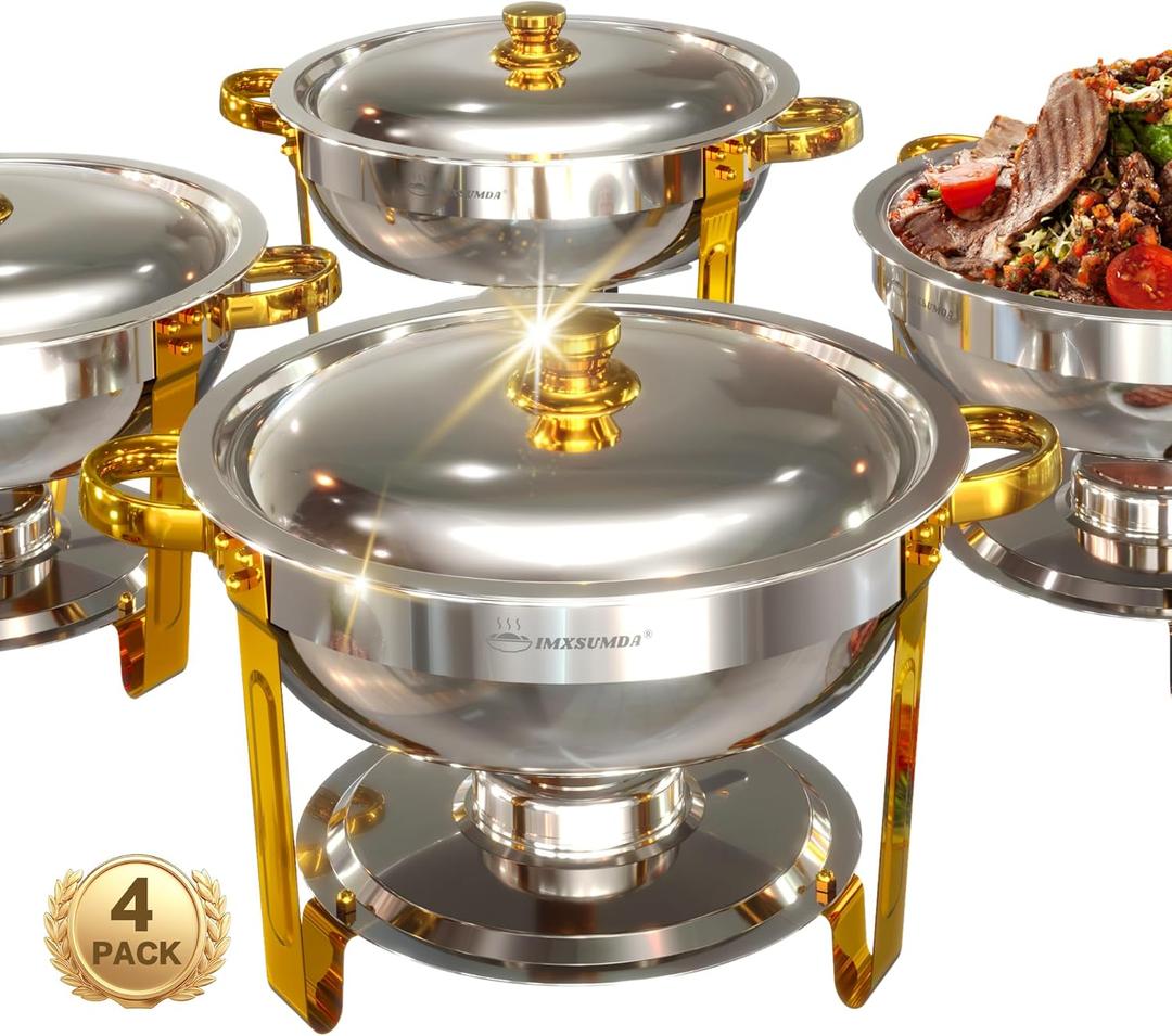 Chafing Dish Buffet Set 4 Pack, 5QT Round Chafing Dishes for Buffet, High Grade Chafers and Buffet Warmers Sets, Stainless Steel Food Warmers for Parties, Weddings, Catering,Gold and Silver