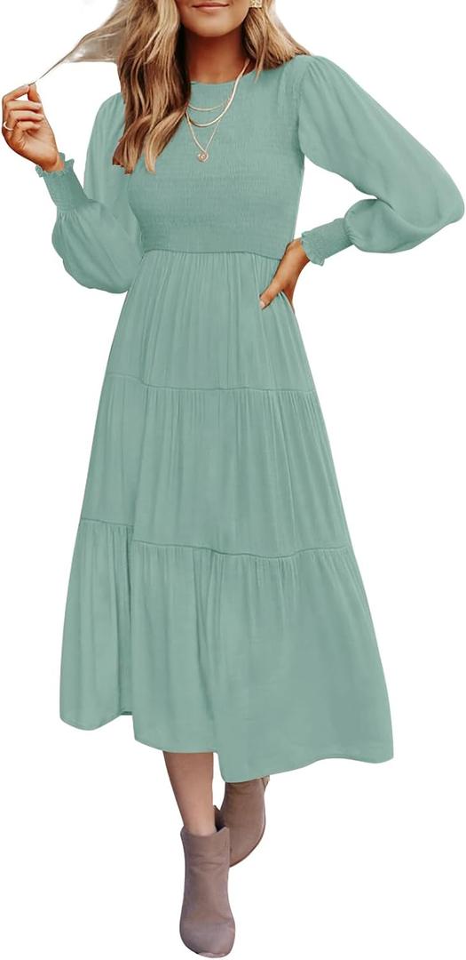 ZESICA Women's Casual Long Sleeve Crew Neck High Waist Smocked Flowy Tiered Midi Dress (XL, Sage)