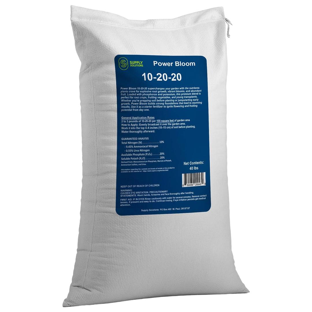 Supply Solutions | Power Bloom 10-20-20 Fertilizer | Bloom Booster Fertilizer for Flowers and Plants, High Phosphorus NPK Fertilizer for Vegetable Garden, Fruit Tree and Flower Fertilizer (40 Pounds) (EXP 10/15/26)