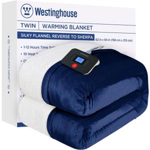 Westinghouse Electric Blanket Twin, Heated Blanket Twin Size with 10 Heating Levels and 1 to 12 Hours Heating Time Settings, Flannel to Sherpa Reversible, Machine Washable (62" x 84", Navy)
