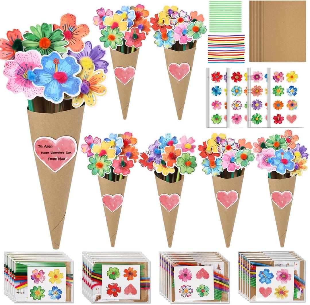 Lechidodo Valentine's Day Gifts for Kids - 24 Pack Valentine Craft Kit DIY Flower Bouquet Set, Valentine Craft Kits Home/Class Activities,Valentines Favors for Kids Classroom Gifts Exchange