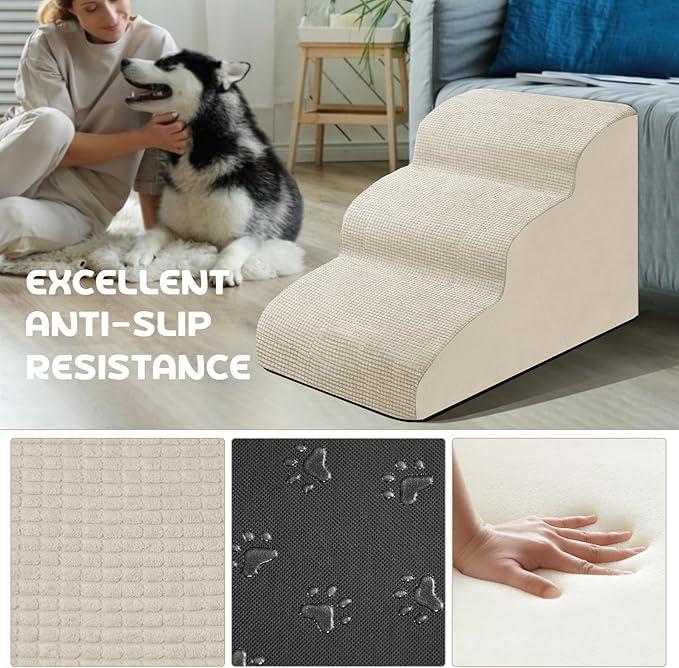 Dog Ramp 3 Steps for Small Dogs and Cats Beige, Pet Stair for Sofa and Bed Non-Slip Foam Dog Steps with Removable Washable Cover, Send Lint Sticky Roller Set