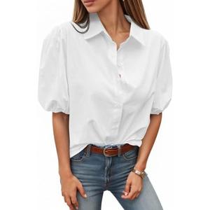 Tankaneo Women's Button Down Shirts Short Puff Sleeve Collared Dressy Casual Blouse Tops, Small