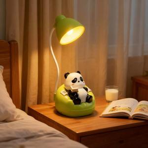 LED Desk Lamp with USB Charging Port, Gooseneck, Cute Panda Night Light for Bedroom Study Room, Boys Girls Children, Touch Control, 500 mAh, Rechargeable Lighting Decor for Boys Girls (Green)
