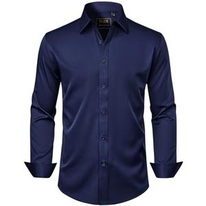 Men's Dress Shirts Solid Long Sleeve Stretch Wrinkle-Free Formal Shirt Business Casual Button Down Shirts Navy Blue Large Tall