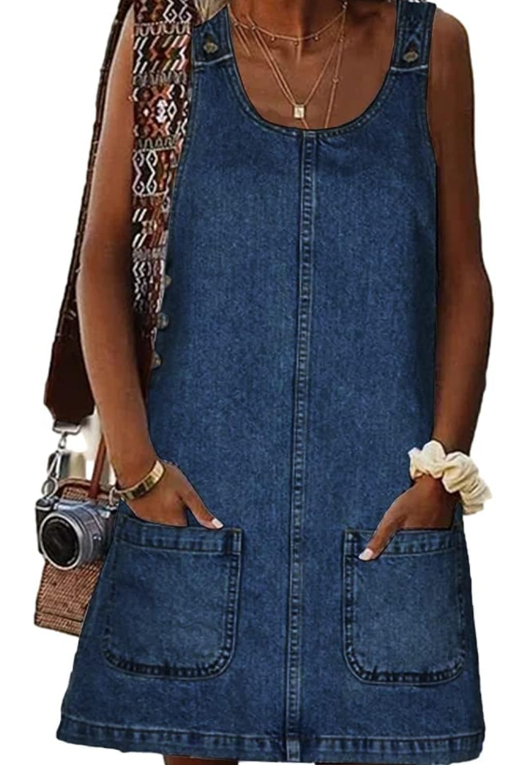 BZB Women's Sleeveless Casual Denim Dress Crewneck Vintage Loose Jean Overall Dress with Pockets, M