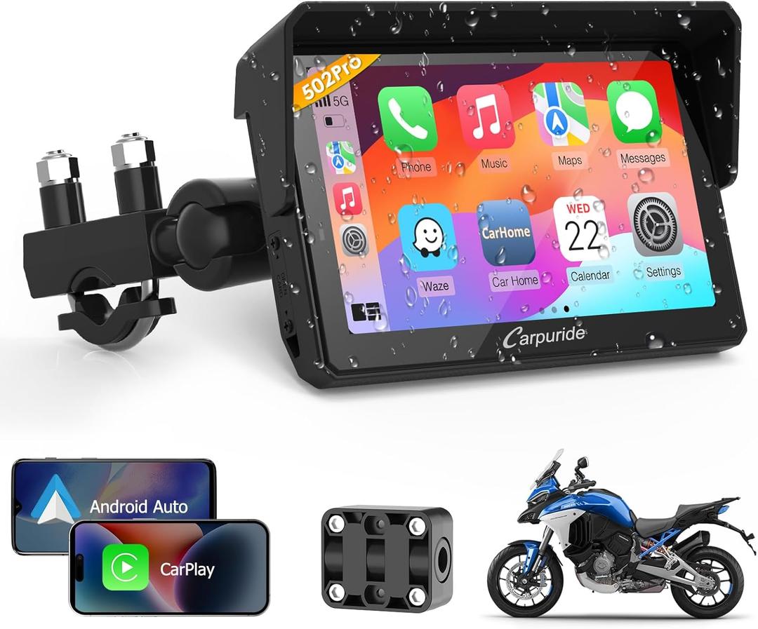 Carpuride W502PRO for Motorcycle CarPlay& Android Auto& Dual Bluetooth - 5" Waterproof GPS Navigation Screen for Motorbike, Music Sharing, Intercom, EQ, Light Sensor, Compass, Barometer