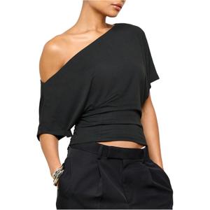 SweatyRocks Women's Off The Shoulder Crop Tops Asymmetrical Y2K Going Out Top Dolman Short Sleeve 2026 Summer Trendy Clothes (Black) XS