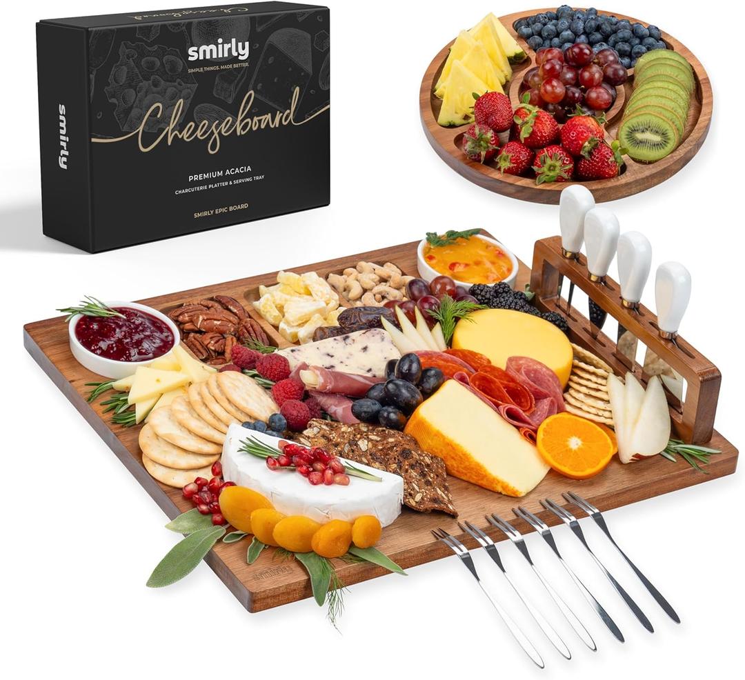 SMIRLY Charcuterie Boards Set - Large Acacia Cheese Board Set - House Warming Gifts New Home, Wedding Gift for Couple, Bridal Shower Gift, Birthday Gifts for Women