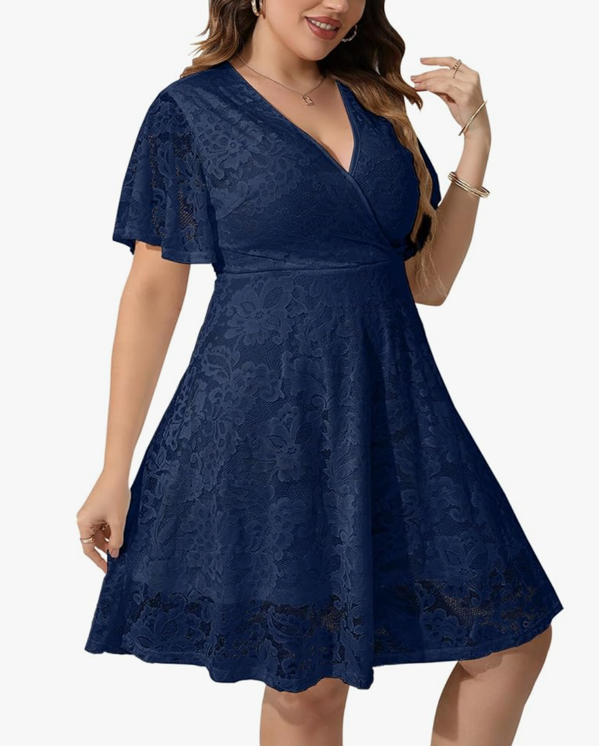 SCOMCHIC Women Plus Size Lace Cocktail Dresses Summer Wrap V Neck Short Sleeve Flowy A Line Wedding Guest Midi Dress, SIZE 2XL