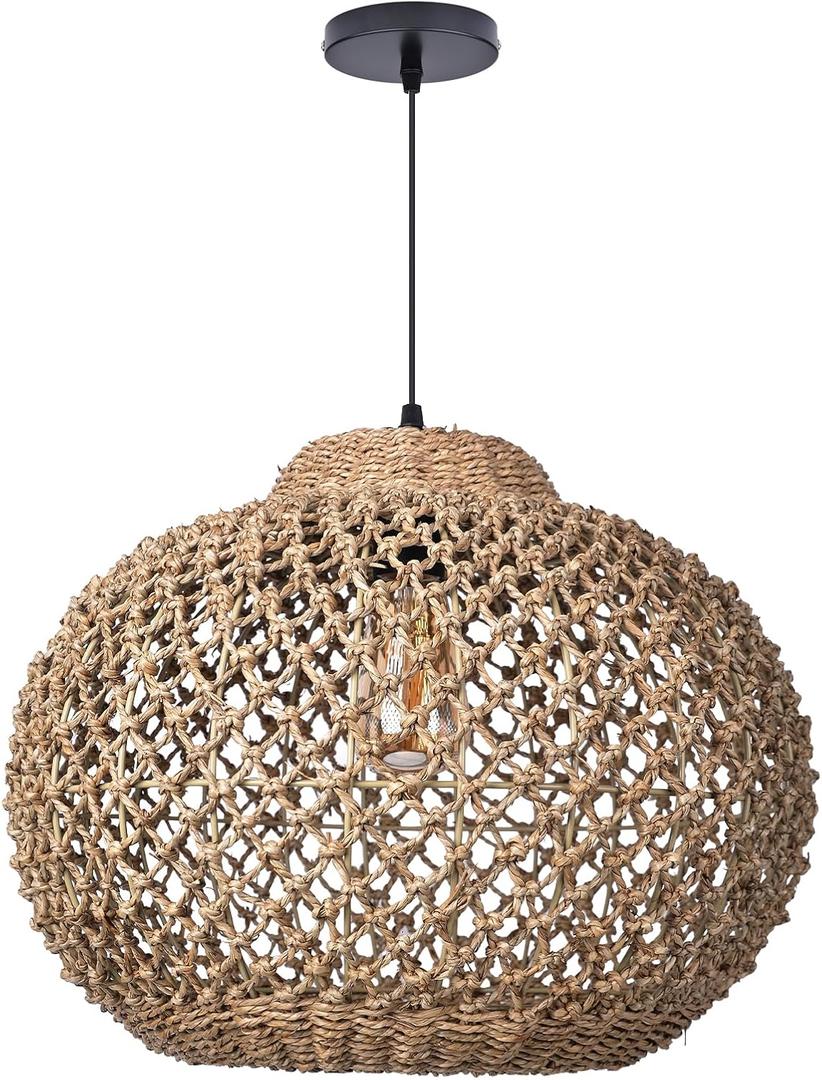 Arturesthome Boho Round Pendant Light,1-Light Rattan Chandelier Hand-Woven Wicker Pendant Light Coastal Beach Ceiling Hanging Light for Kitchen Island Living Room W 19.68"