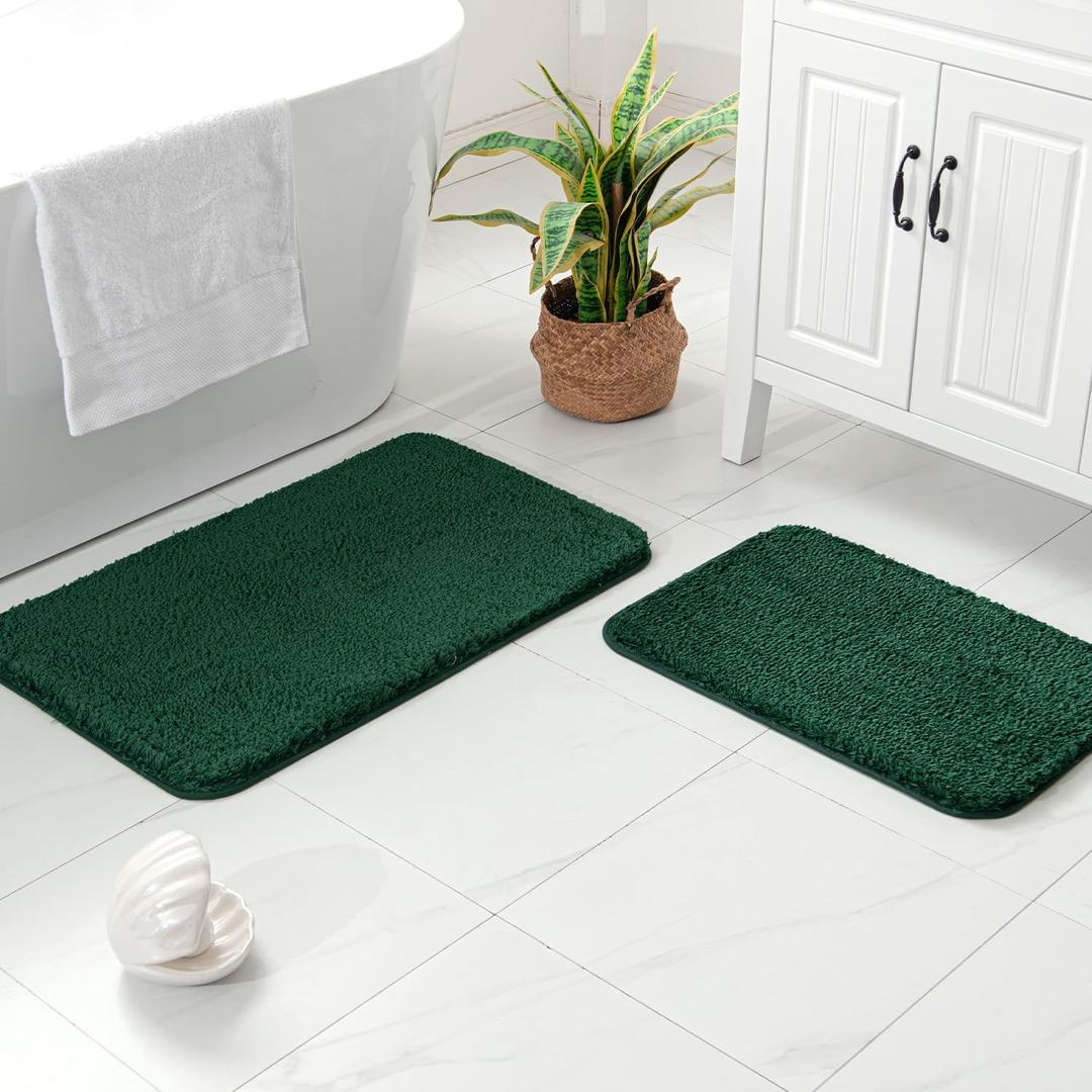 MIULEE Christmas Dark Green Microfiber Bathroom Rugs and Mats Sets 2 Pieces Extra Thick Non Slip Bath Mat Absorbent Soft Shaggy Washable Quick Dry Rug for Bath Room Floor Restroom, 16"x24"+20"x30"