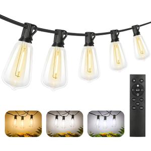 Brightever 150FT Outdoor Lights with Remote, 2700K/4000K/5000K Selectable LED String Lights for Outside with 75+2 ST38 Shatterproof Edison Bulbs, 3 Modes Dimmable Waterproof Hanging Lights for Patio