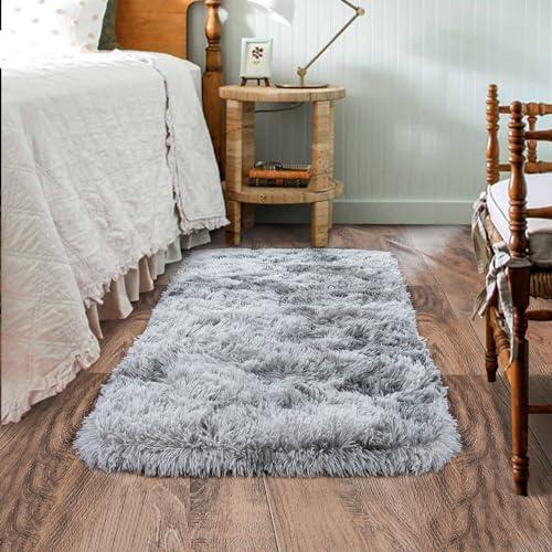 Quntue Small Area Rug, 2x3 Rug for Bedroom Shaggy Throw Rugs for Dorm Rug, Soft Tie Dyed Carpet for Kids Room, Plush Non-Slip Fluffy Bedside Rug for Home Decor Aesthetic, Light Grey