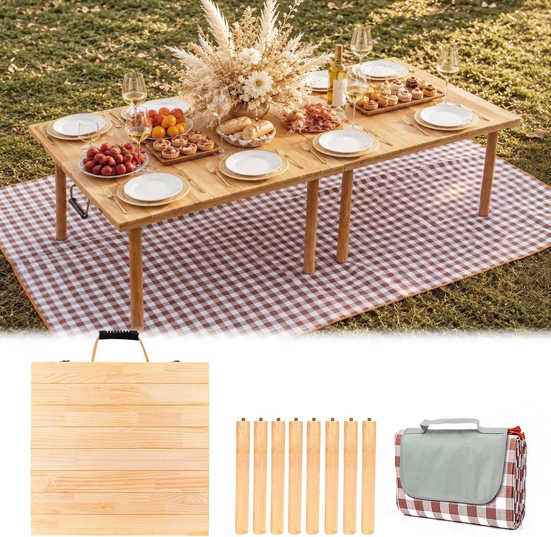 60"x30" Wooden Folding Picnic Table, Portable Low Floor Table with Beach Outdoor Camping Mat, Ideal for Camping, Wedding, Music Festival, Garden, Party