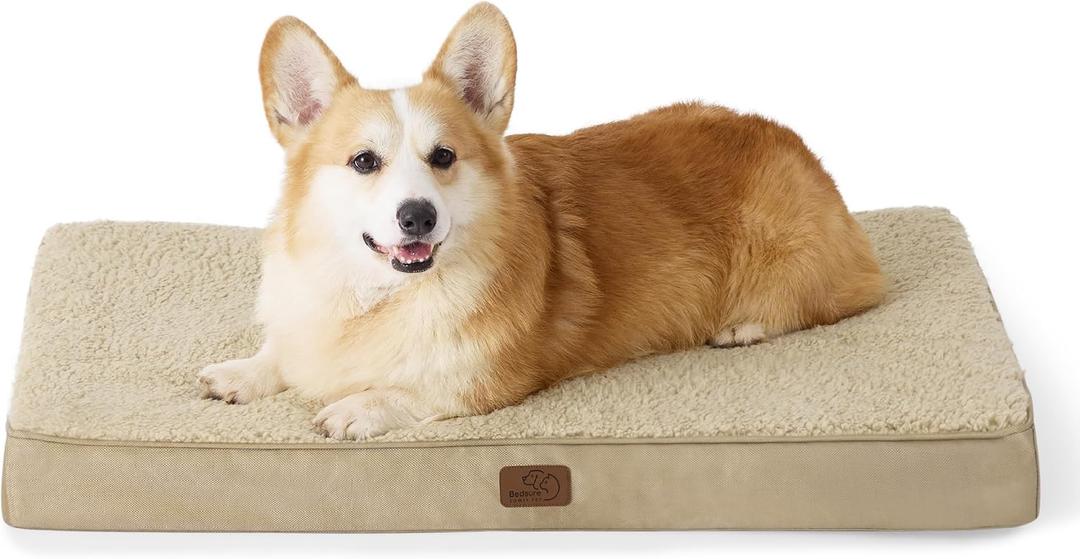 Bedsure Large Dog Bed for Crate - Orthopedic Flat Pet Beds with Removable Washable Cover, Egg Crate Foam Crate Mat, Suitable for Pet Up to 50 lbs (35"L x 22"W x 3"Th, Khaki)