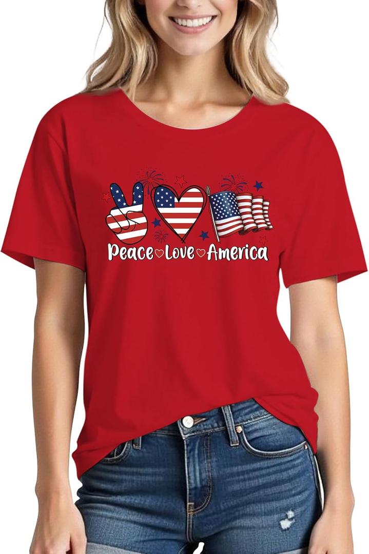 4th of July Shirts Women:Premium Cotton Crewneck USA American Flag Patriotic Short Sleeved T-Shirt (Gray, L)