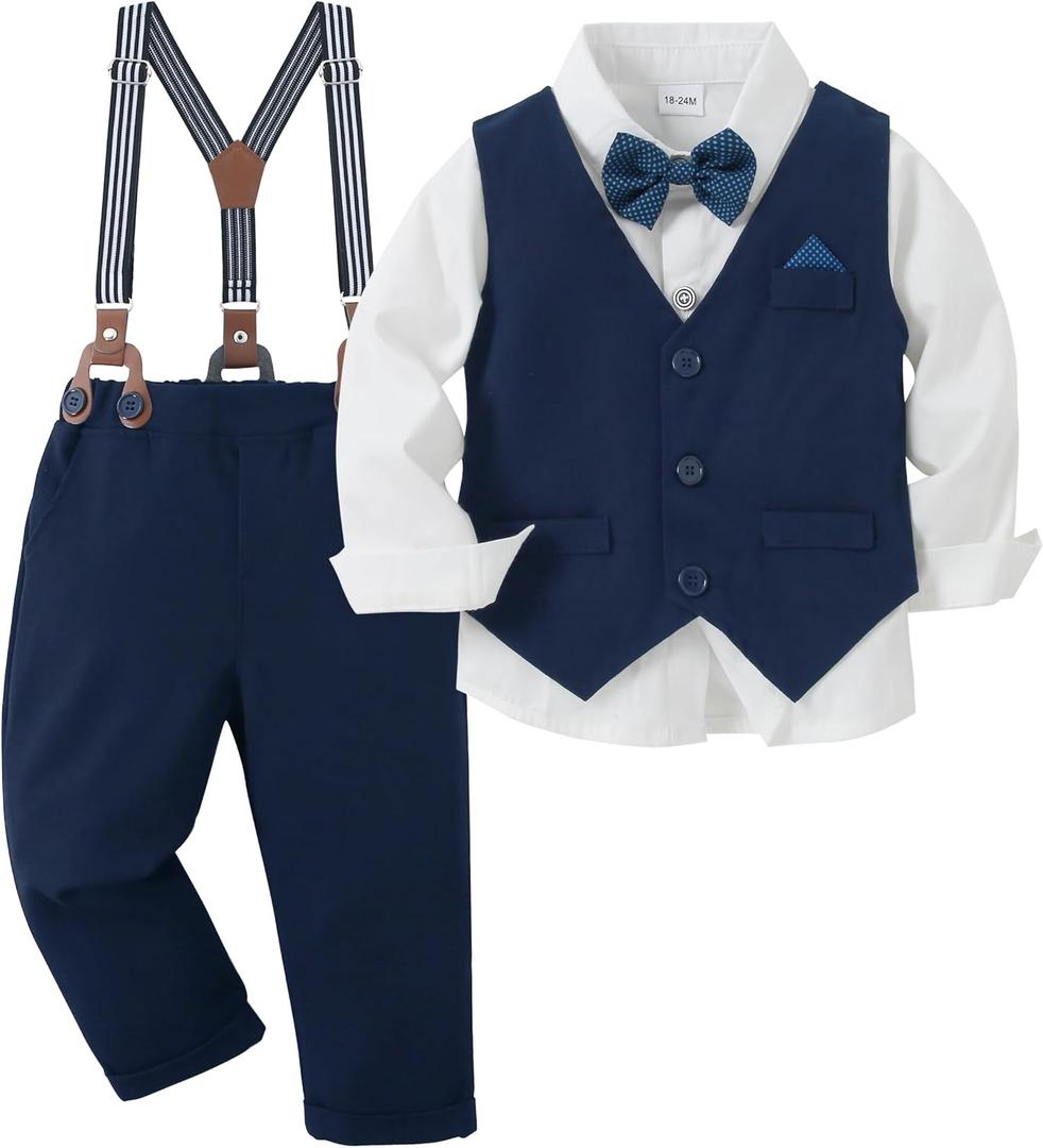 CARETOO Toddler Baby Boy Clothes Suit 5Pcs Gentleman Wedding Outfit Dress Shirt+Vest+Bow Tie+Suspender Pant Formal Set 4-5T