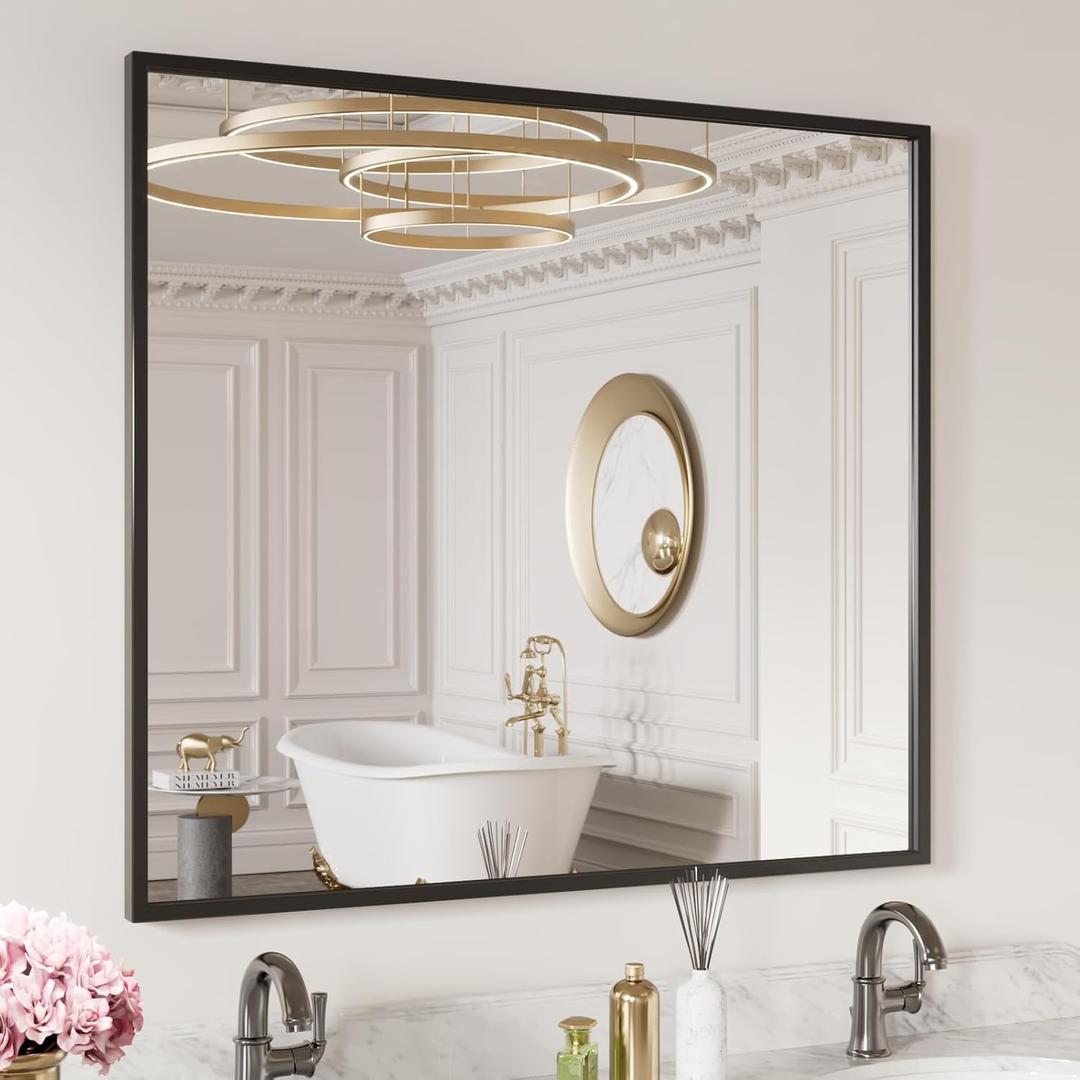 LOAAO 40"X36" Black Rectangle Bathroom Mirror Wall, Matte Black Aluminum Alloy Frame, Tempered Glass, Hangs Vertically or Horizontally, Easy to Install