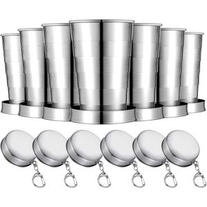 Tessco 6 Pieces Collapsible Shot Glasses Stainless Steel Collapsible Cup Reusable Portable Travel Folding Cup with Lid and Keychain for Camping Hiking Cycling (2.5 oz)