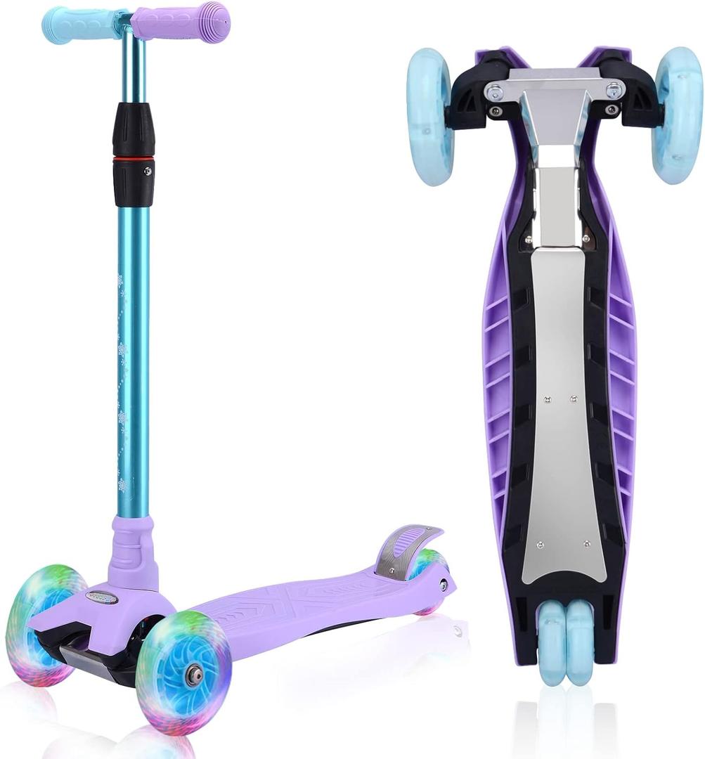 3 Wheel Scooter for Kids Ages 6-12,Kids Scooter with Light Up Wheels, Sturdy Deck Design, and 4 Height Adjustable Suitable for Kids Ages 3-12 (Purple)