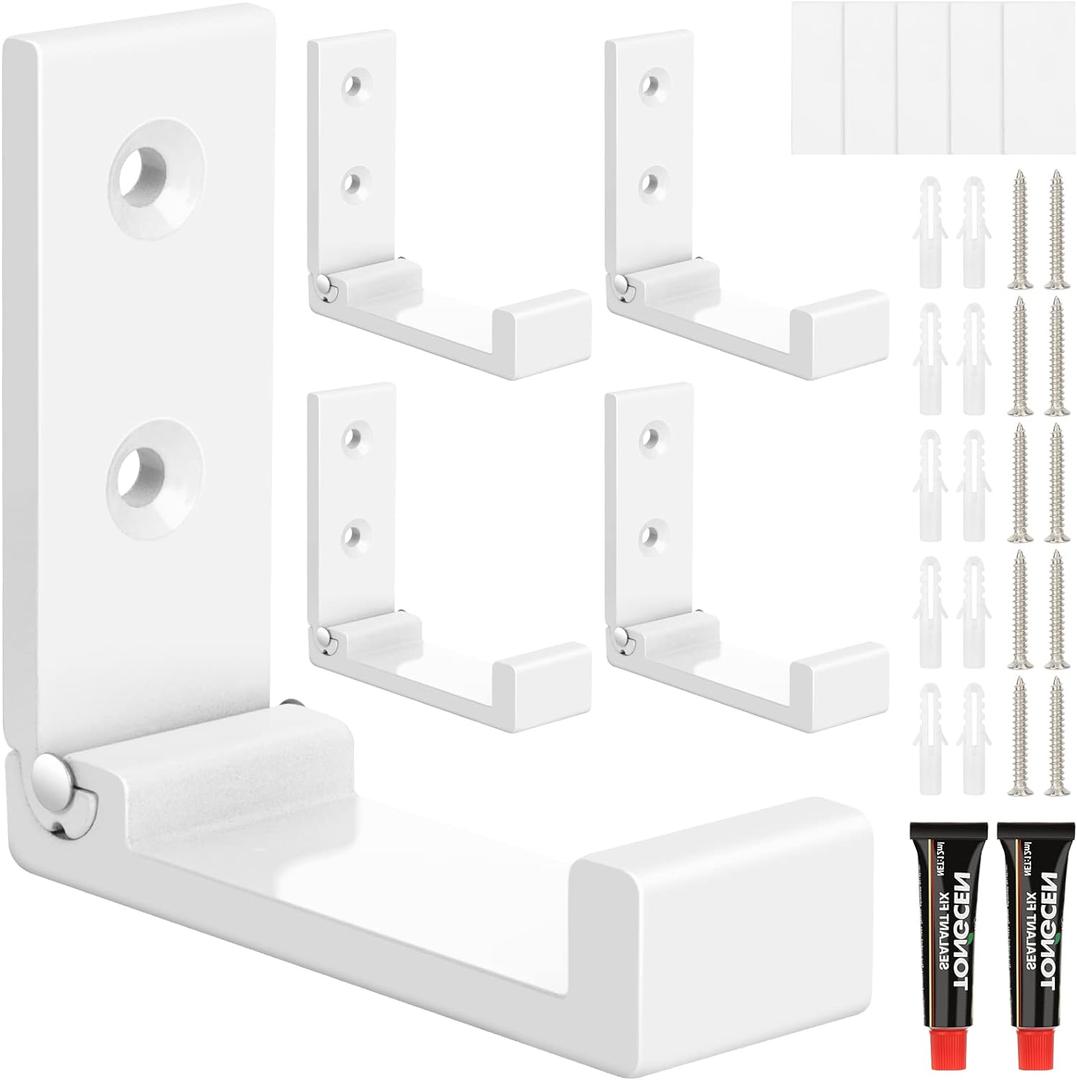 Folding Coat Hooks, 5pcs White Wall Hooks Heavy Duty for Hanging Coat Towel Backpack, Foldable Adhesive Hooks, Headphone Jacket Holder, Aluminum Alloy No Rust Hook with Screws for Purse Hat Bag Keys
