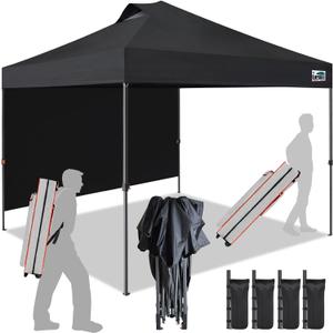 Eurmax USA NOMATTER ONE-Person Open&Close 10x10ft Pop Up Canopy Tent,Portable Shelter Canopy for Outdoor Events with 1 Removable Sidewall,Instant Canopies,Bonus 4 Sand Bags(Black)