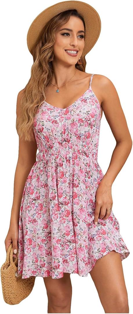 SweatyRocks Women's Boho Floral Print Spaghetti Strap Cami Dress Casual Flare Short Dresses, Small