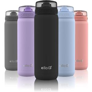 Ello Cooper 22oz Stainless Steel Water Bottle with Straw and Carry Handle, Double Walled and Vacuum Insulated Metal, Leak Proof Locking Lid with Soft Silicone Spout, Reusable, BPA Free, Black