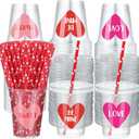 Patelai 90 Set 12 oz Valentine's Day Disposable Cups with Lids and Paper Straws Valentine's Day Plastic Clear Pink Red Heart Be Mine Love Cups for Beverage Snacks Coffee Hot Cold