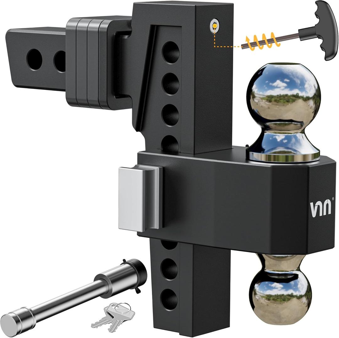 VNN Adjustable Drop Hitch, Dual-Ball(2'' & 2-5/16'') Hitch, Fits 2-Inch Receiver, 8 Inch Drop Trailer Hitch, 15,000 LBS GTW-Truck Trailer Hitch, Heavy Duty Solid Ball Mount, Black, VN0013