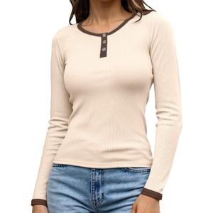 Susclude Womens Henley Shirts Long/Short Sleeve Slim Fit Tops Ribbed Knit Button Casual Tee Basic Trendy Blouse (Small)