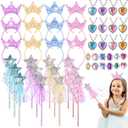 48Pcs Princess Wands Party Favors Glitter Star Fairy Wands Magic Wand Glitter Sequin Headbands Girls Pink Sequins Five-Pointed Star Fairy Stick Princess Ring Necklace Princess Pretend Jewelry Toys