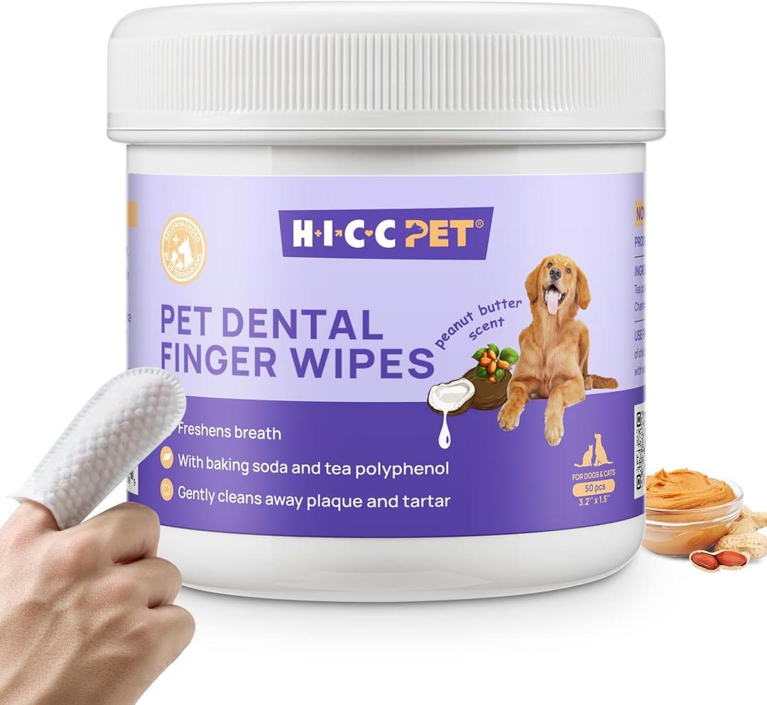 HICC Pet Teeth Cleaning Wipes for Dogs & Cats, Remove Bad Breath by Removing Plaque and Tartar Buildup No-Rinse Dog Finger Toothbrush, Disposable Gentle Cleaning & Gum Care Pet Wipes, 50 Counts (50 Count (Pack of 1))