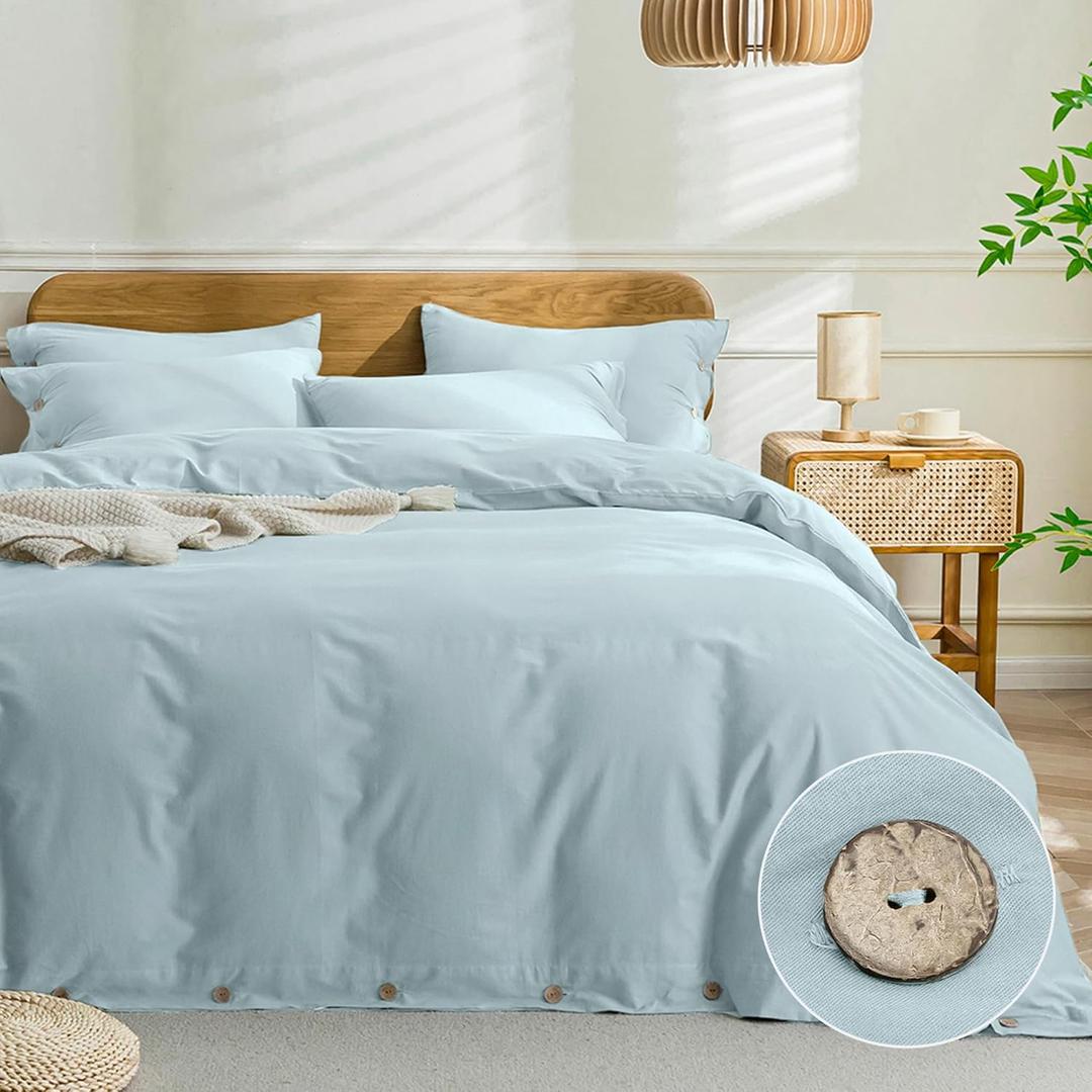 JELLYMONI Cotton Duvet Cover King Size - Light Blue Comforter Cover with Button 100% Washed Cotton 3PCS Breathable Soft Solid Bedding Set Duvet Cover 104x90in & 2 Pillowcases (NO Comforter)