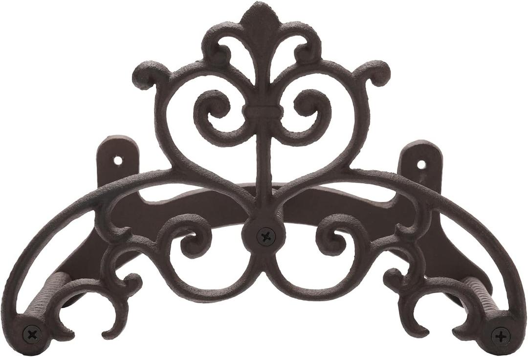 MyGift Brown Heavy Duty Cast Iron Outdoor Garden Hose Hanger Wall Mounted Water Hose Holder Reel with Vintage Scrollwork Design